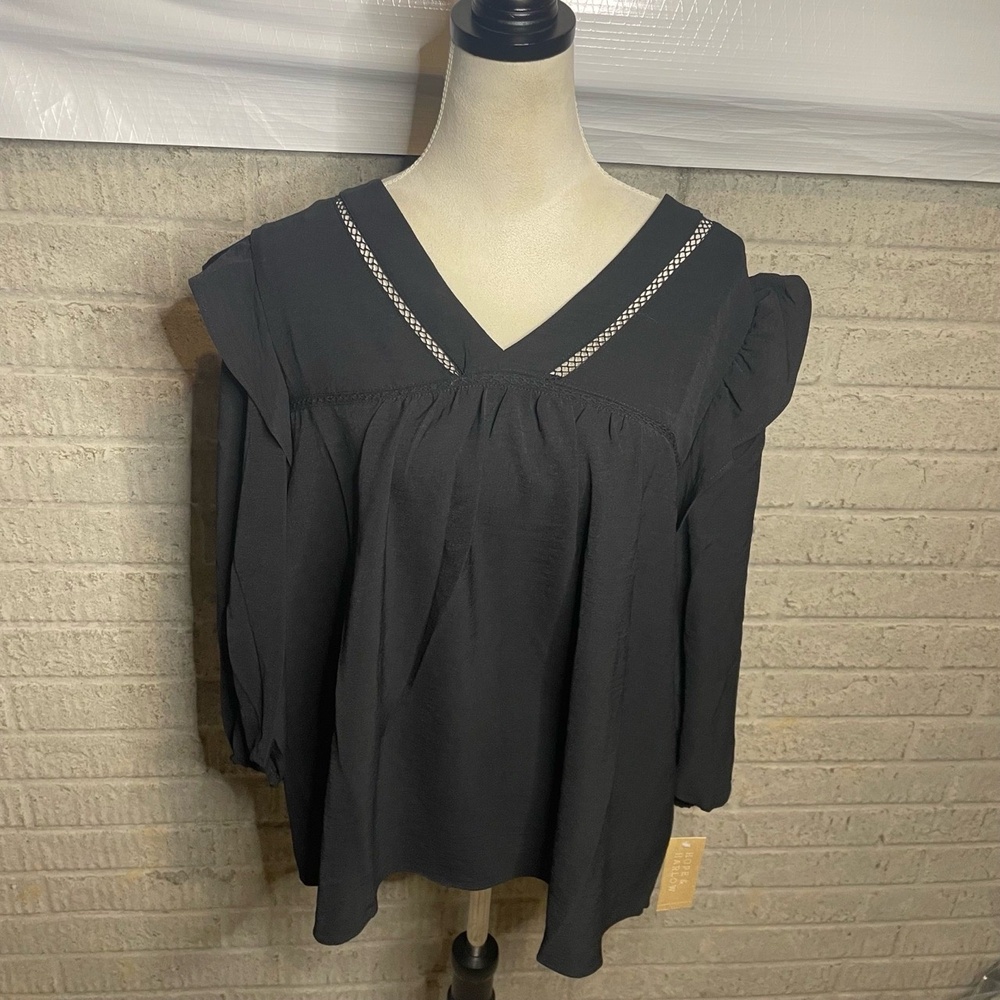 NWT Hope And Harlow Womens Black V-Neck Embroidered Ruffle Boho Blouse Sizeβ XL